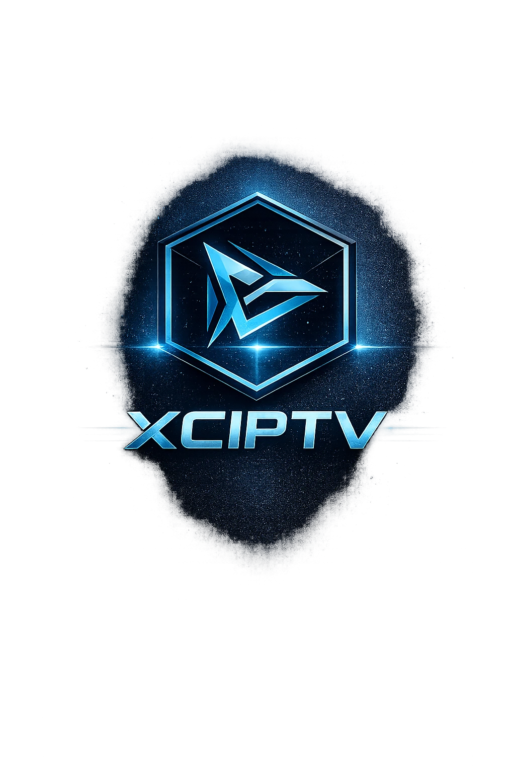 XCIPTV Google TV Streamer app logo with electric blue glow